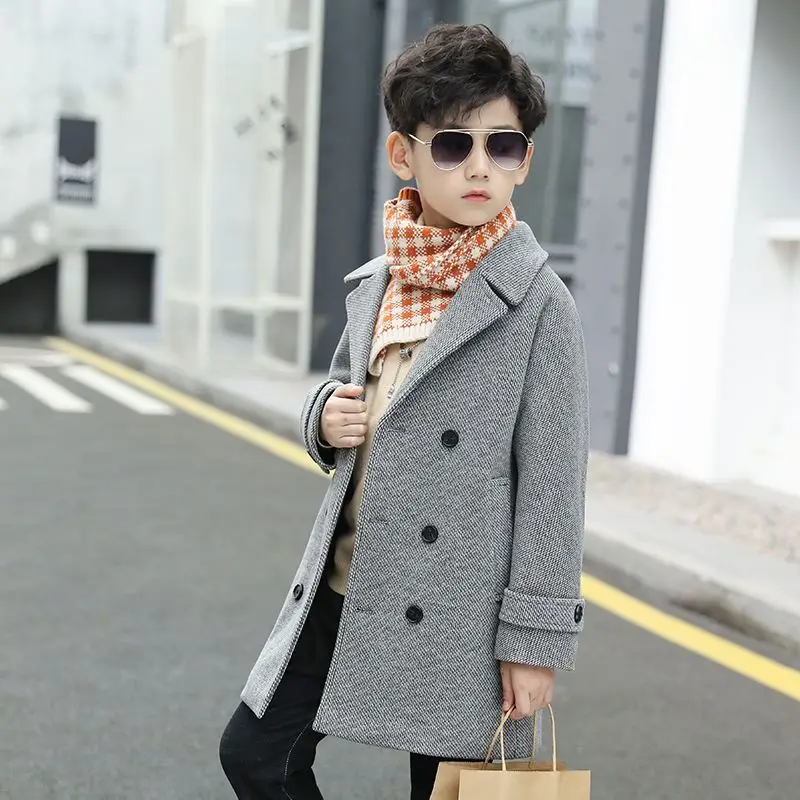 Boys Wool Coat Autumn Winter Childrens Jacket Fashion Turn Collar Plaid Keep Warm Outerwear Teenage Clothes 2023 5-14 clothes