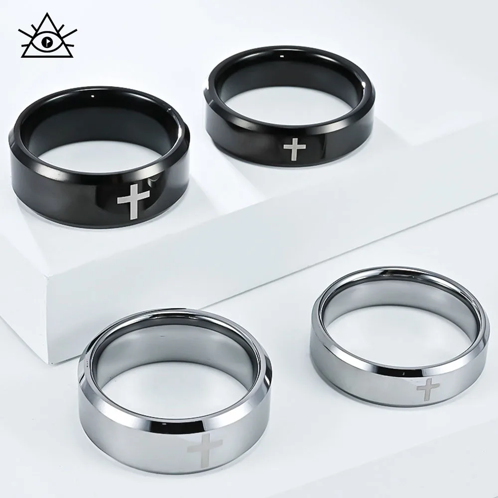

Punk style simple tungsten steel laser cross ring unisex couple ring tungsten gold ring