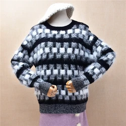 Ladies Women Autumn Winter Clothing Plaid Hairy Angora Rabbit Hair Knitted Long Sleeves O-Neck Loose Pullover Sweater Jumper Top