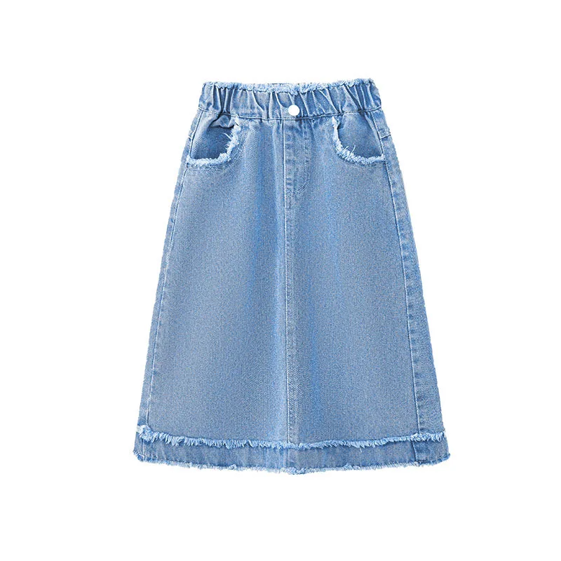 School Girls Denim Raw Edge Skirt Four Season High Waist Casual Midi Skirt for Children Fashion Pocket Teenage Kids Jeans 13 14Y