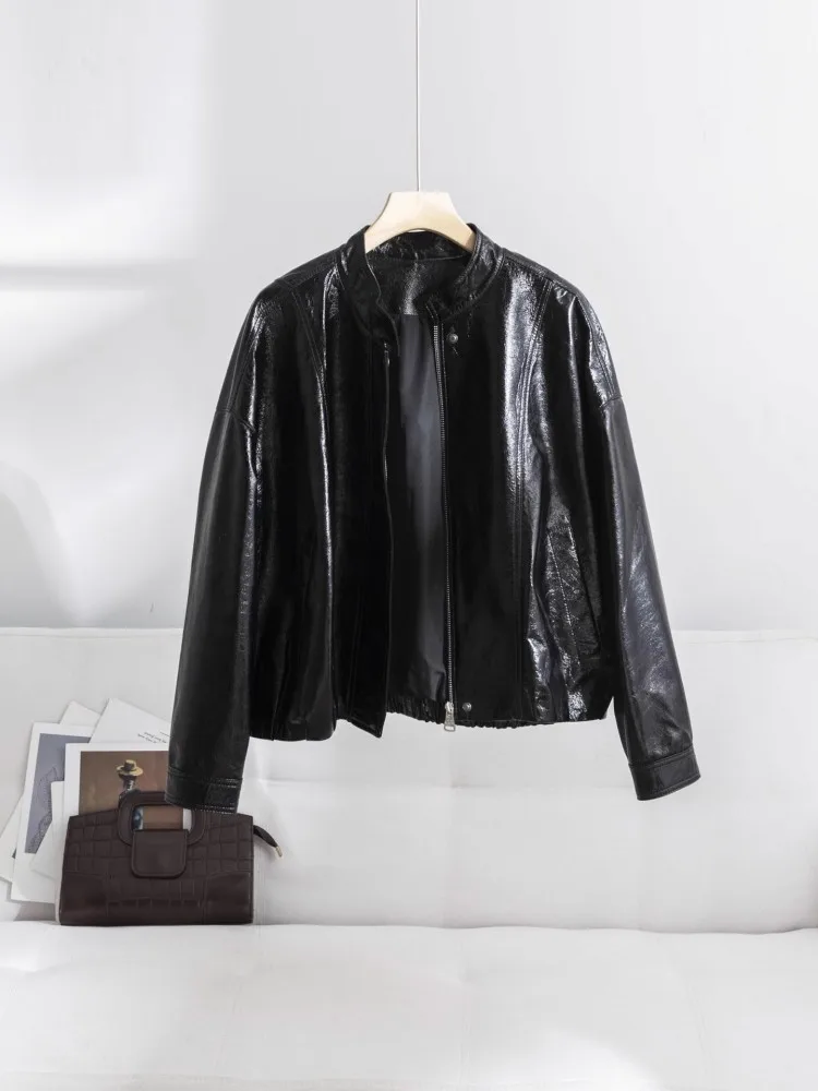 Autumn Winter Oil Wax Cowhide Women Jacket Genuine Leather Black Coat Fashion Casual Stand Collar Jackets Office Lady Outerwear