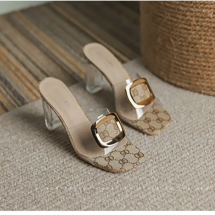 Transparent high heels 2024 new slippers female summer wear thick heel sandals female half slipper diamond heel heels