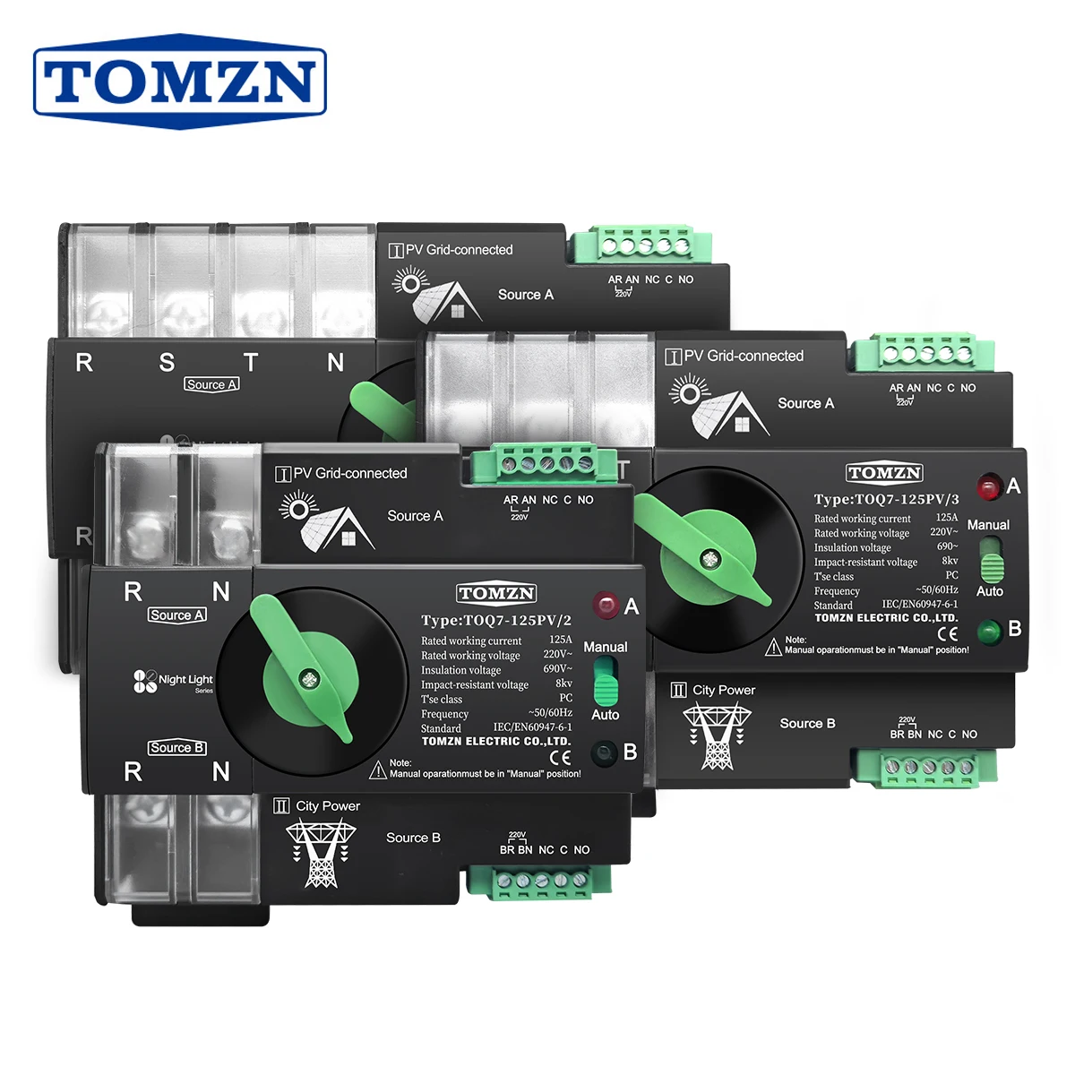 TOMZN Din Rail 3 phase 2P 3P 4P 63A 100A 125A 230V Dual Power Automatic Transfer Electrical Selector Switch Uninterrupted TOQ7