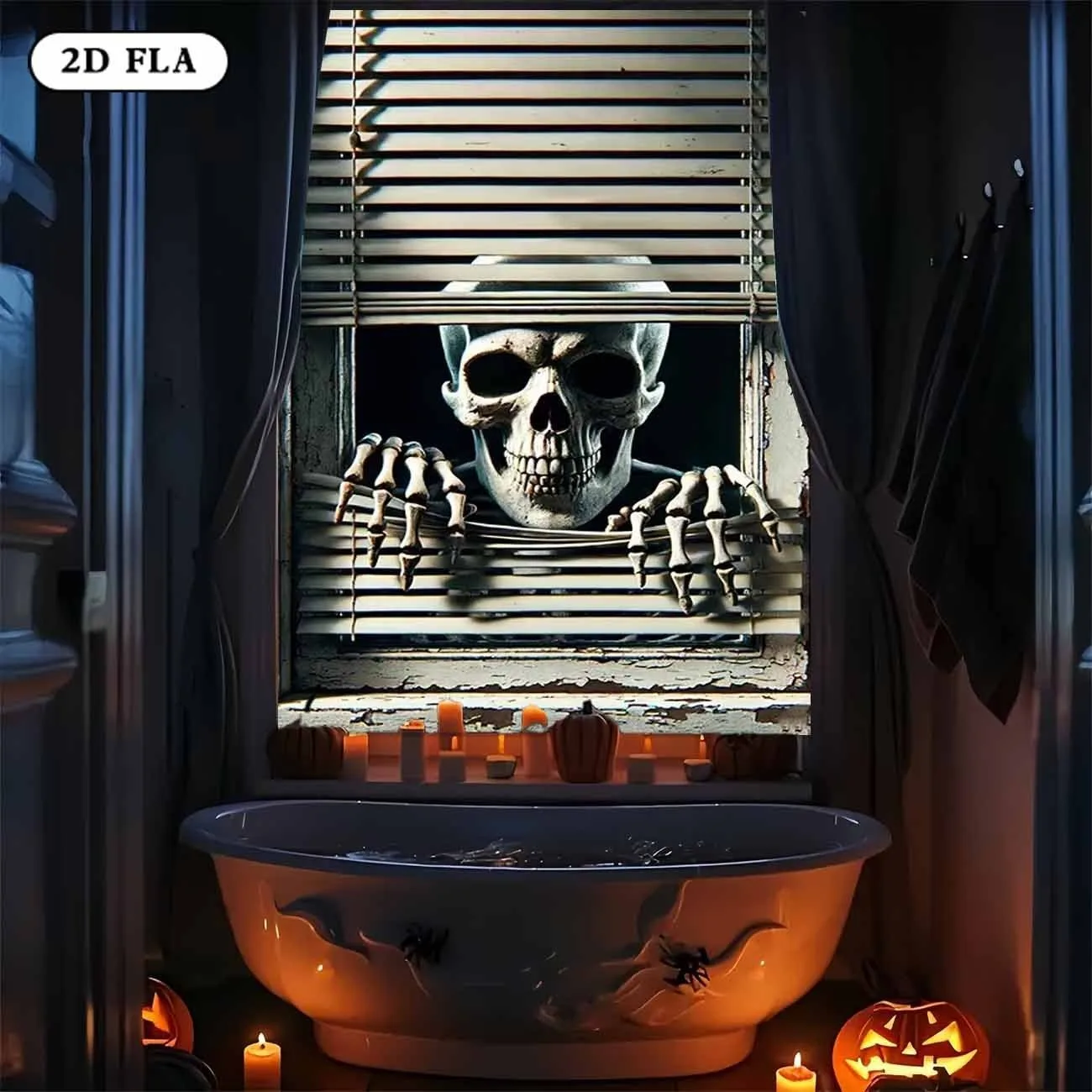 Halloween-Skelett, das aus dem Fenster schaut, Hintergrund, gruselige Knochendekoration, Spukhaus, Innen- und Außenbereich, Bar, Stand, gruselige Party-Requisiten. – Detail 1