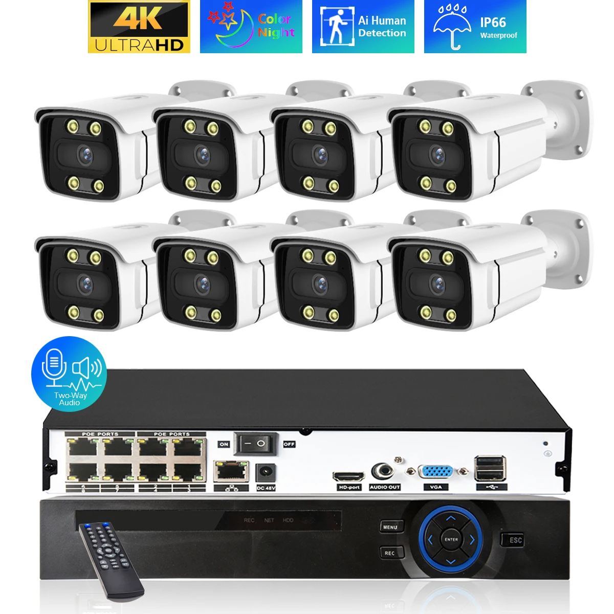 TOPROHOMIE H.265 8CH POE CCTV NVR System 4K Ai Colorful Night Waterproof IP Camera 8MP Two Way Audio Video Security Camera Set