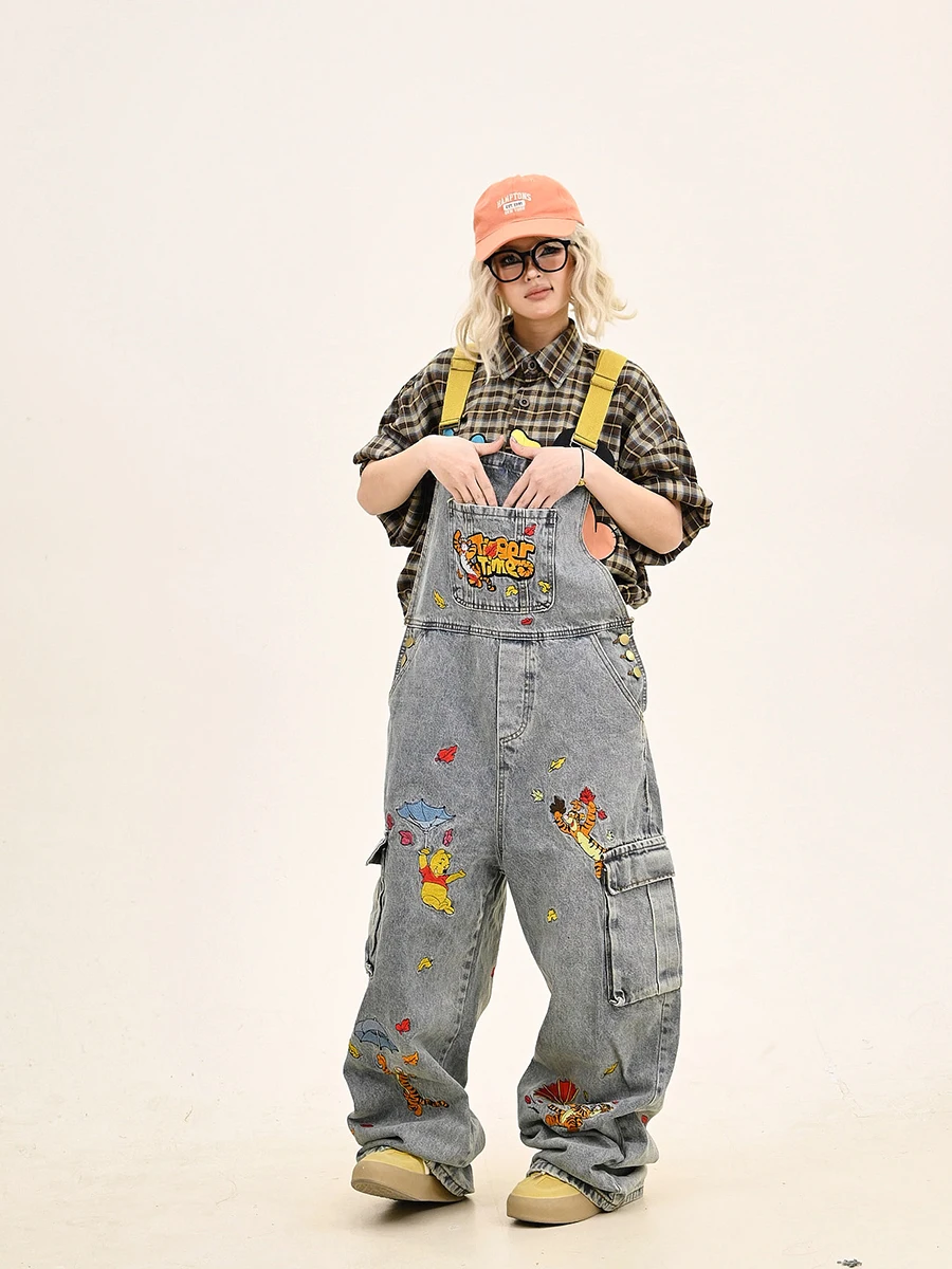 

Cartoon Denim Overalls Women's Loose Bf Sle Spring New Arrival Faionable Vintage Long Pants Wear Resistant l Waist