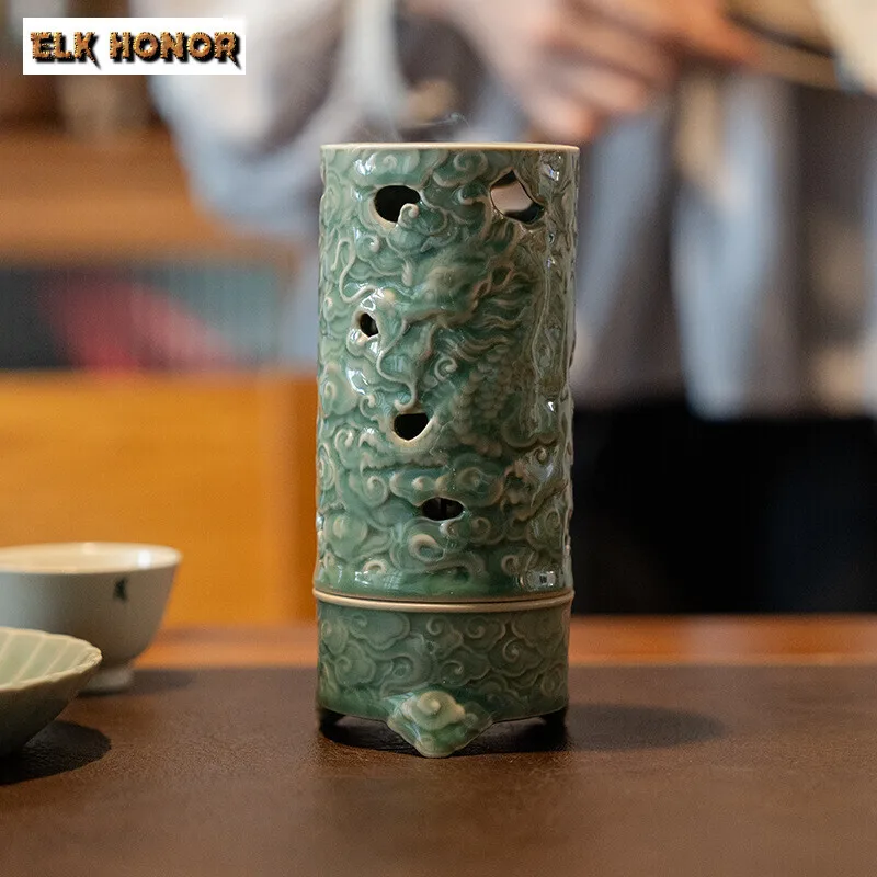 Yue Kiln Celadon Incense Burner Three Legged Dragon Treading Cloud Agarwood Vertical Line Aromatherapy Furnace Home Decoration