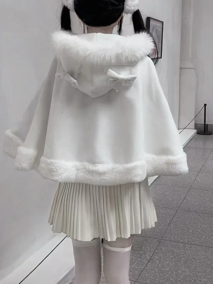 اليابانية الحلو Kawaii فتاة سميكة الدافئة تنوعا لوليتا معطف الرأس الأبيض مقنعين أفخم كيب عباءة للنساء الشتاء سترات قصيرة #3