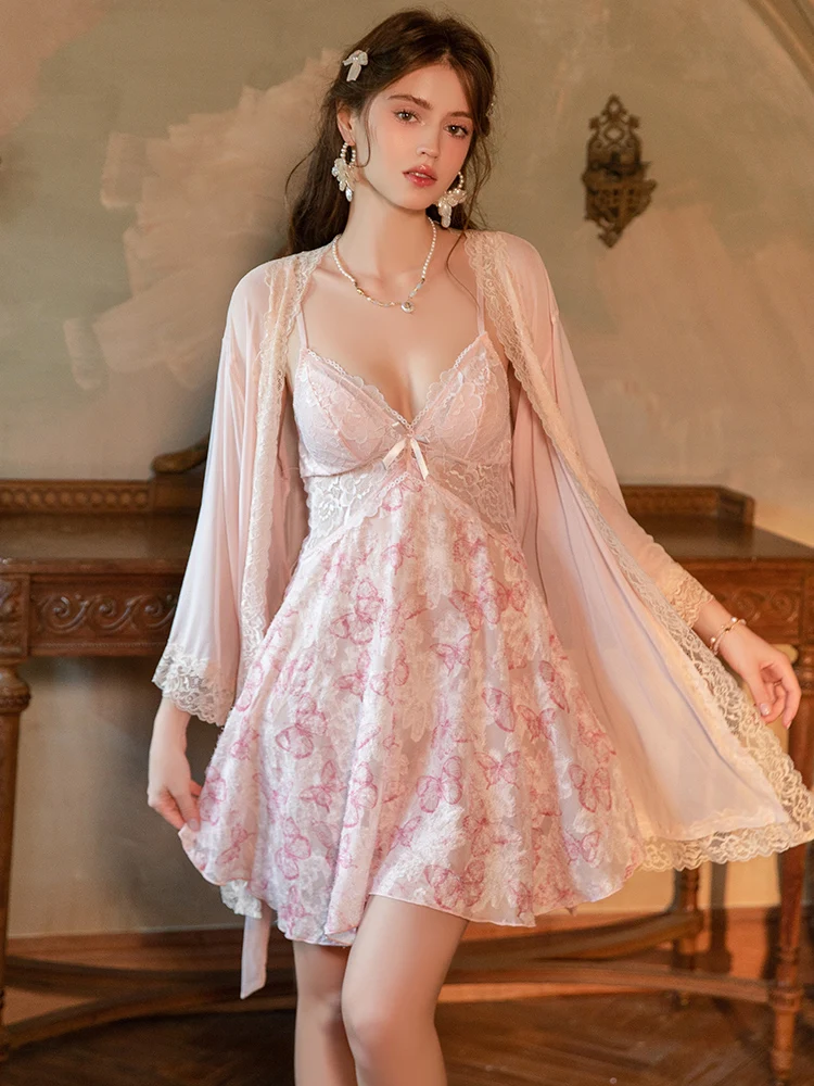 

Sweet Butterfly Print Sleepwear Set with Lace Trim And Chest Pad Soft Home Robe Matching Nightgown for Women A6528