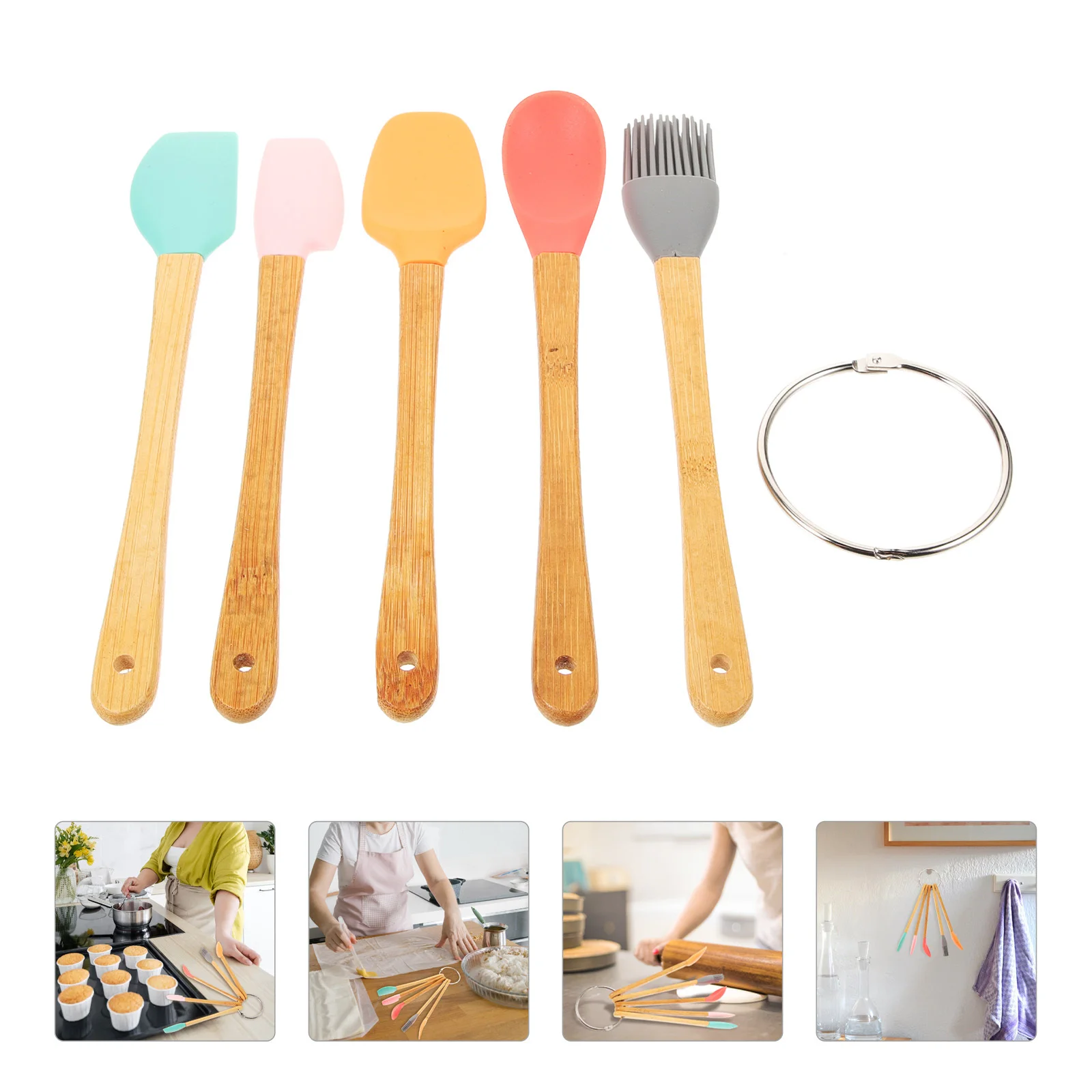 

5Pcs Silicone Mini Spatulas Bright Color Small Kitchen Baking Tools Bamboo Handle Non-Stick Cooking Utensils for Kids Easy Grip