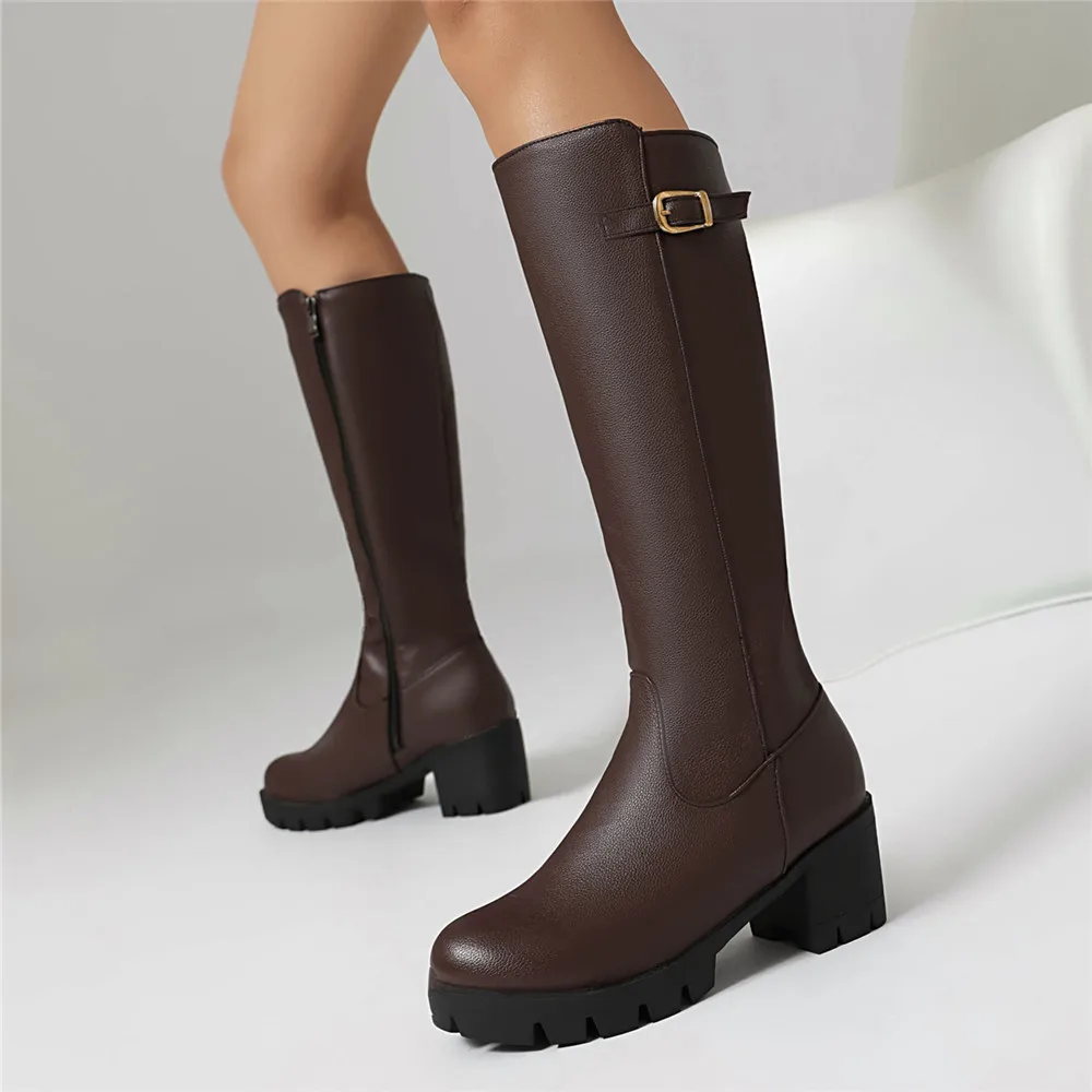 

2025 Autumn Winter New Boots Women Knee High Boots Thick Heel Platform Boats Long Was Thin Jane High Simple Botas Mujer Brown