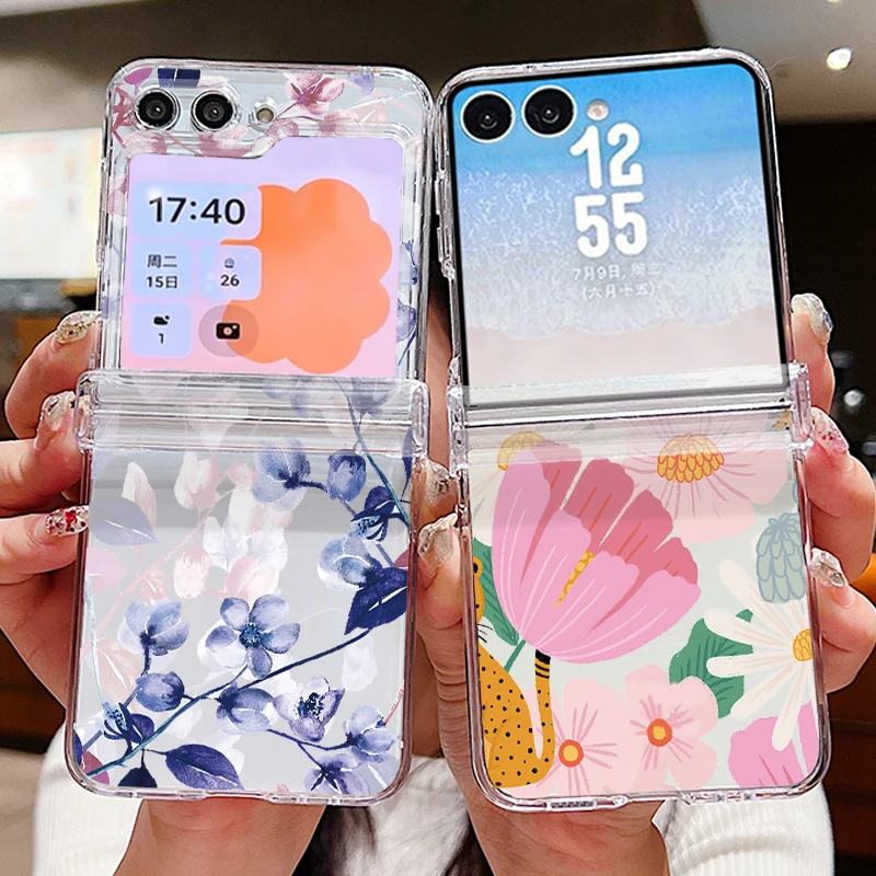 Colorful Flowers Printed Phone Case For Samsung Galaxy Z Flip 8 7 FE 6 5 4 3 5G Clear Hard Back Cover For Samsung Z Flip8 Flip7