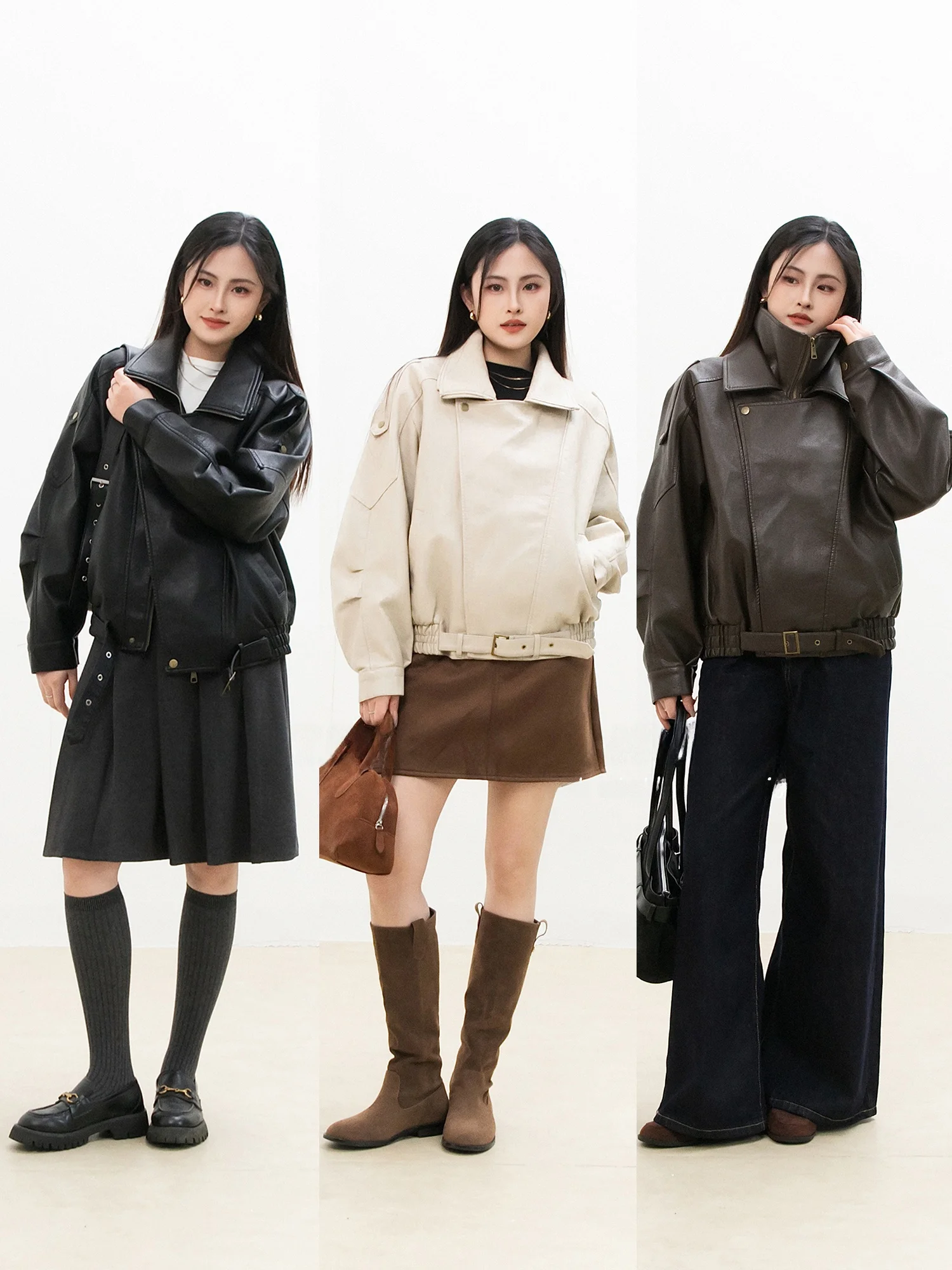 Jaqueta Feminina Chelzy de Couro PU Curta Estilo Motociclista Slim Fit Vintage com Gola Alta e Zíper