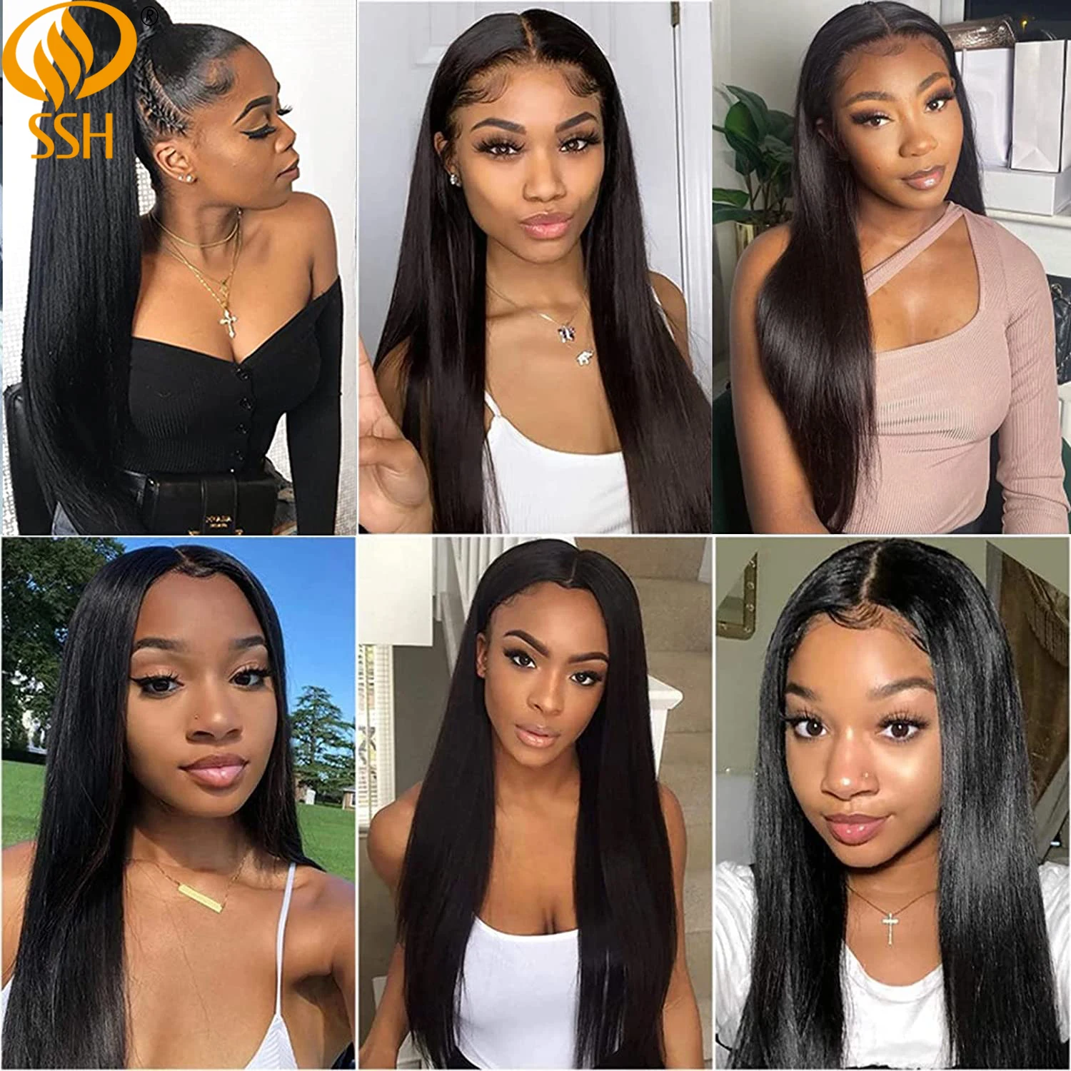 Wig Rambut Manusia Bob Panjang Lurus SSH untuk Wanita Kulit Hitam Bagian Renda Wig Remy Brasil Garis Rambut Belum Ditarik Hitam Alami 18 Inci