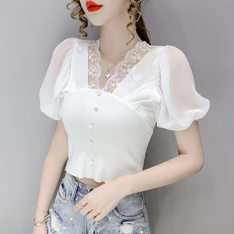 Women Sexy Crop Tops Summer 2024 Fashion Lace Pathwork V Neck Blusas Mujer Slim Casual Puff Sleeve Black White Corset Blouses