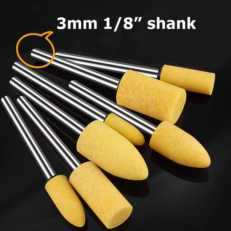 Dia. 4mm-12mm Yellow Corundum Mounted Points 3mm Shank for Fine Grinding Precision Molds Bearings Copper-aluminum Alloy