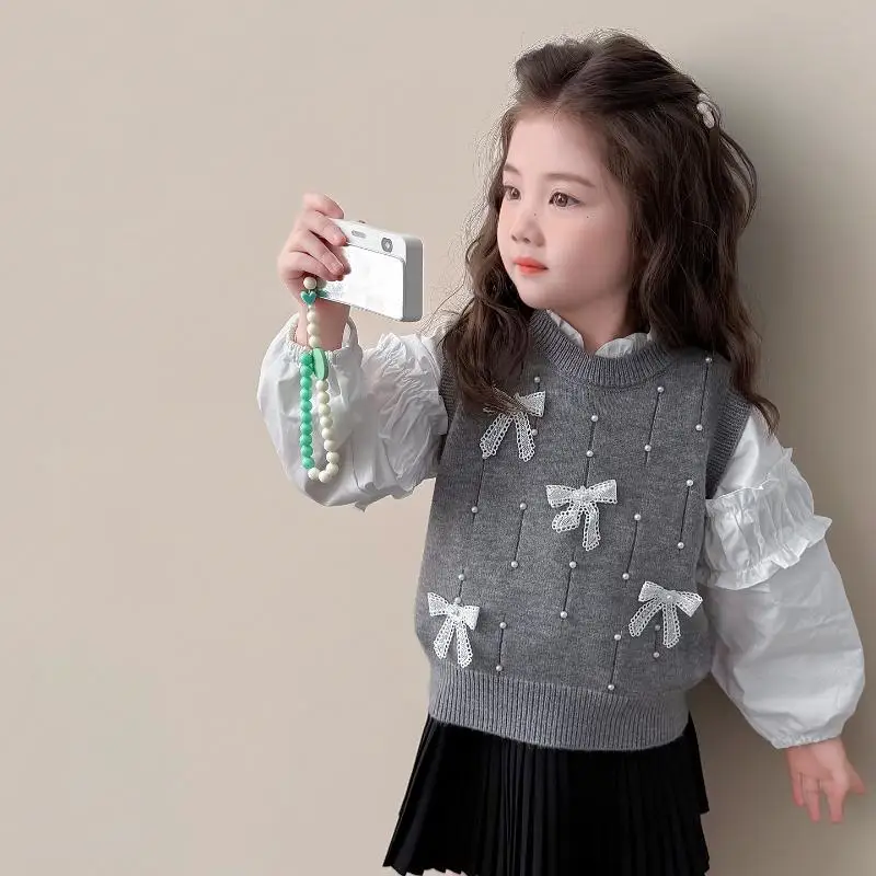 Girl Bow Tie Vest Shirt Set Girl Fashionable Spring Autumn New Style Knitted Vest Children's Korean Long Sleeved Base Shirt Tops