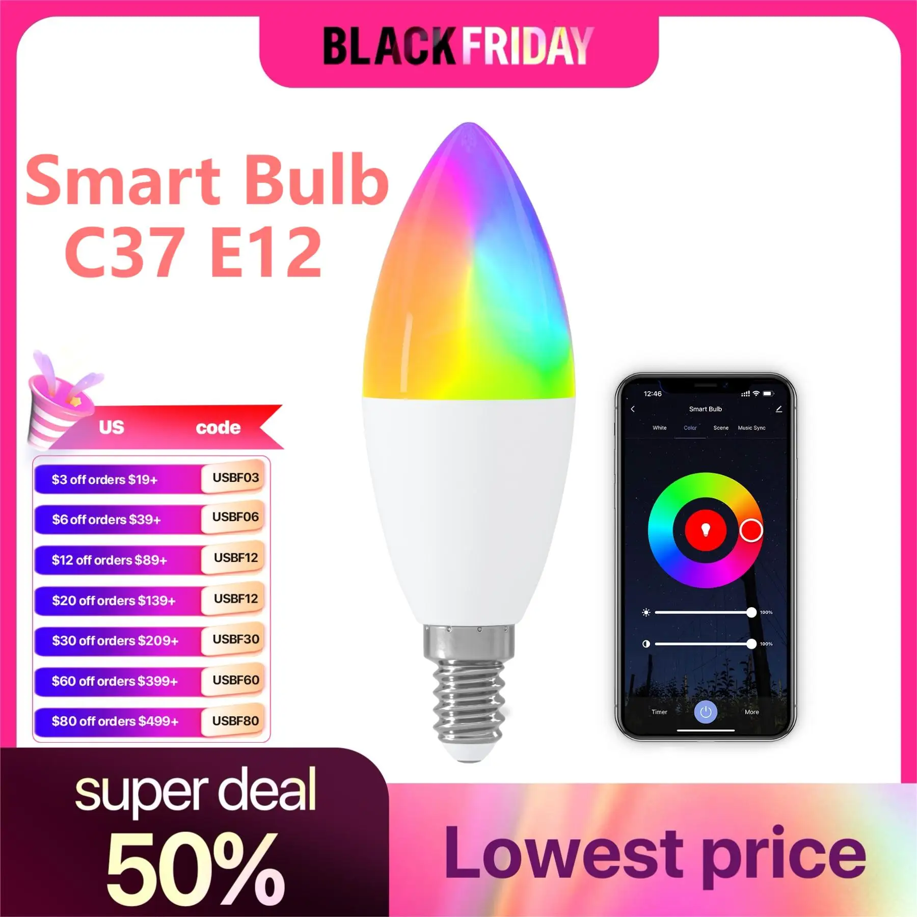 Smart E12 Candle Bulbs C37 110V 5W Smart Light WiFi Bluetooth RGB Color Changing Work with Alexa Google Home LED Light Bulb