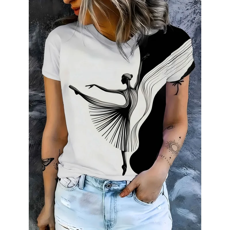 3D Printed Train Ballet T Shirt For Women Paint Brush Pattern T-Shirts Summer Fashion Round Neck Loose Tops Short Sleeve Tees