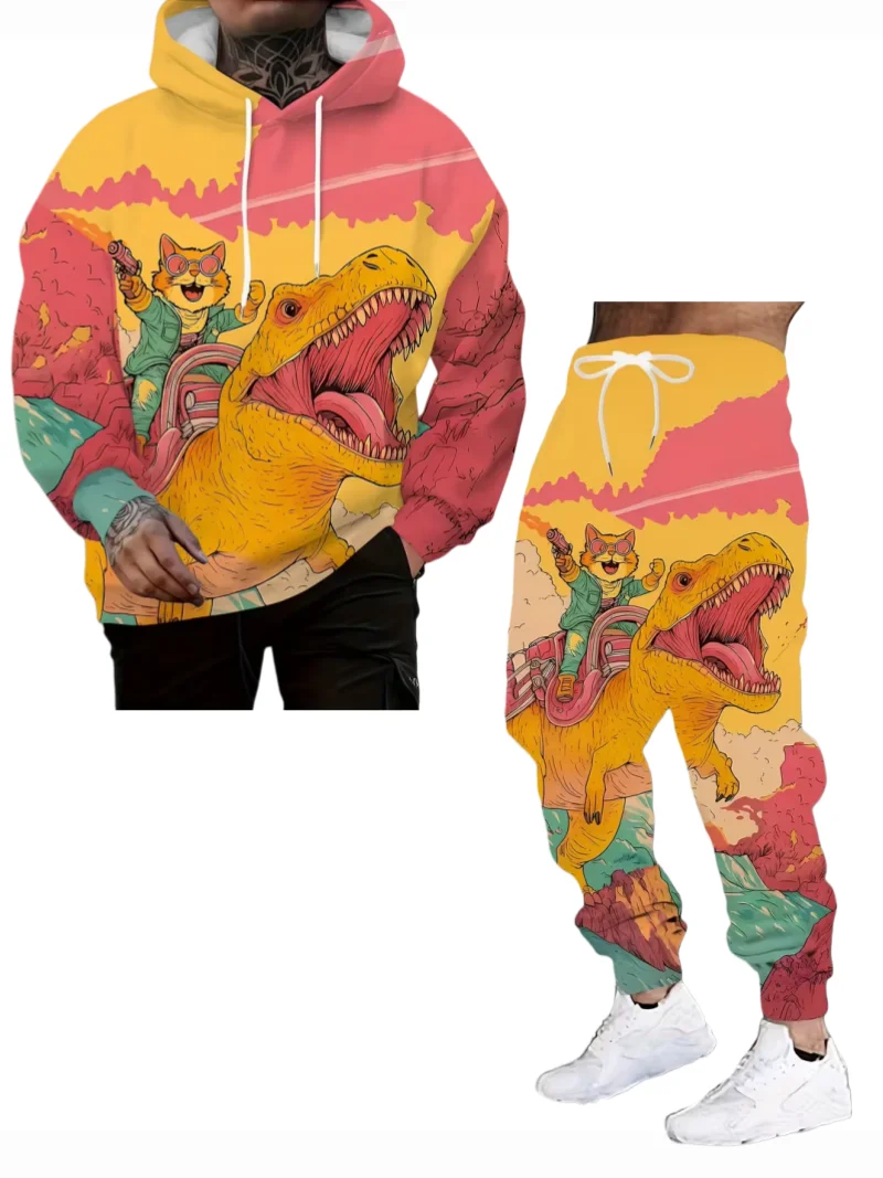 Cartoon Cat And Dinosaur 3d Print Hoodie 2pcs set Men Women Fashion Tracksuit Casual Autumn Clothes Y2k Hoodie jogging Set
