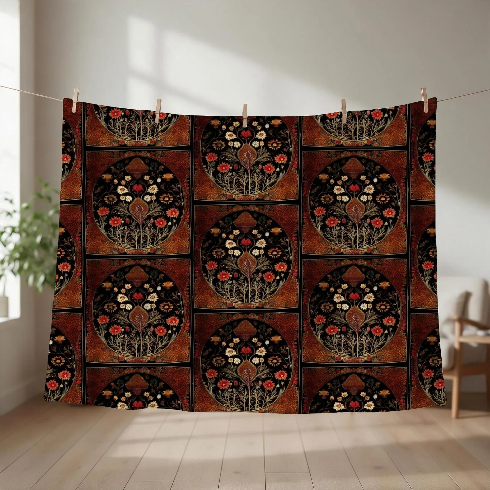 New Kashmiri carpet Floral pattern black red and gold Throw Blanket couch cozy soft plush fuzzy picnic outdoor blanket