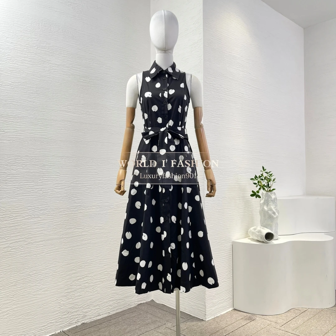 

2025 Women's Fashion Black White Dot Print Sleeveless Lapel Pleat Midi Dress