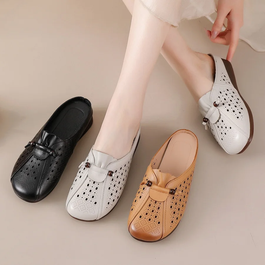 

New Artisanal Ethnic Leather Mules Woman Summer Outdoor Slides Shoes Women's Beads Slipper Sandals Mom Hollow Mules Lazy Shoes