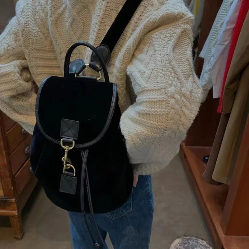 

Korean Fashion Casual Black Schoolbag Vintage Velvet Solid Trend Shoulder Bags 2024 Versatile Large Capacity Ladies Handbags