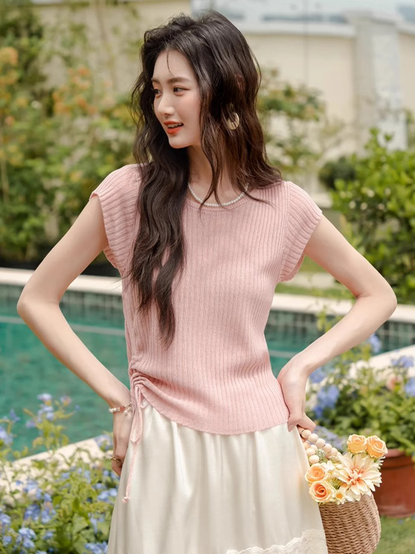 

Skin-friendly Knitted Top Waist-cinching Faionable Color Summer Trendy T-irt Commute Sle Korean Version Slim Fit