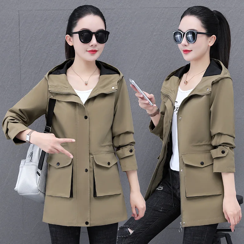 

Весна 202, женская повседневная рабочая одежда с капюшоном, длинное пальто, свободная посадка для мам среднего возраста, корейская ветровка, верхняя одежда
