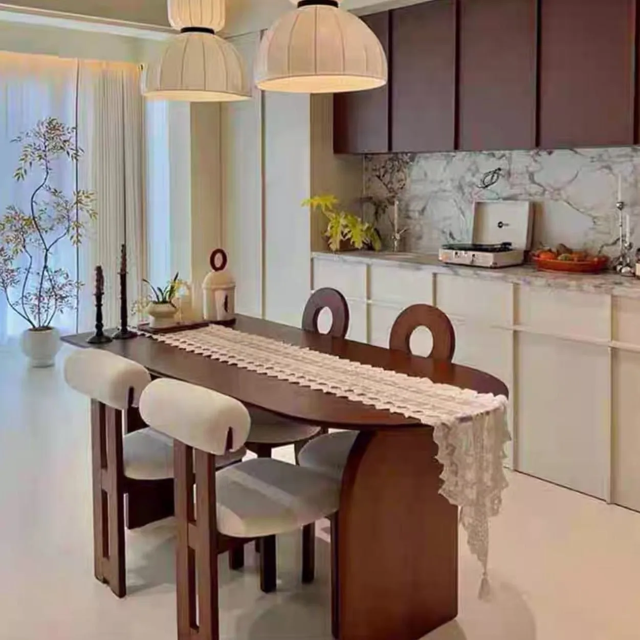 Mori Select Light French Solid Wood Dining Table and Chair Combination Island Table Medium Antique Small Unit Dining Table Desk