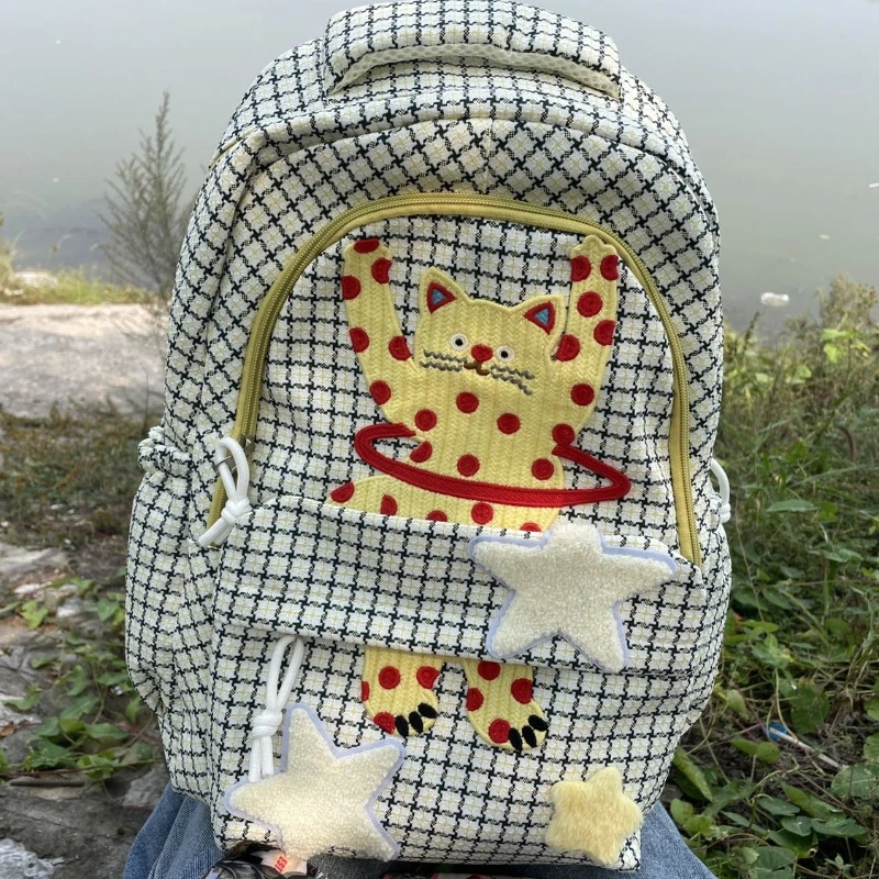 Cartoon Katze Kawaii niedlichen Stern Plaid Rucksack Frauen y2k ästhetische Harajuku Schult aschen Vintage Hoch leistungs rucksäcke für Studenten