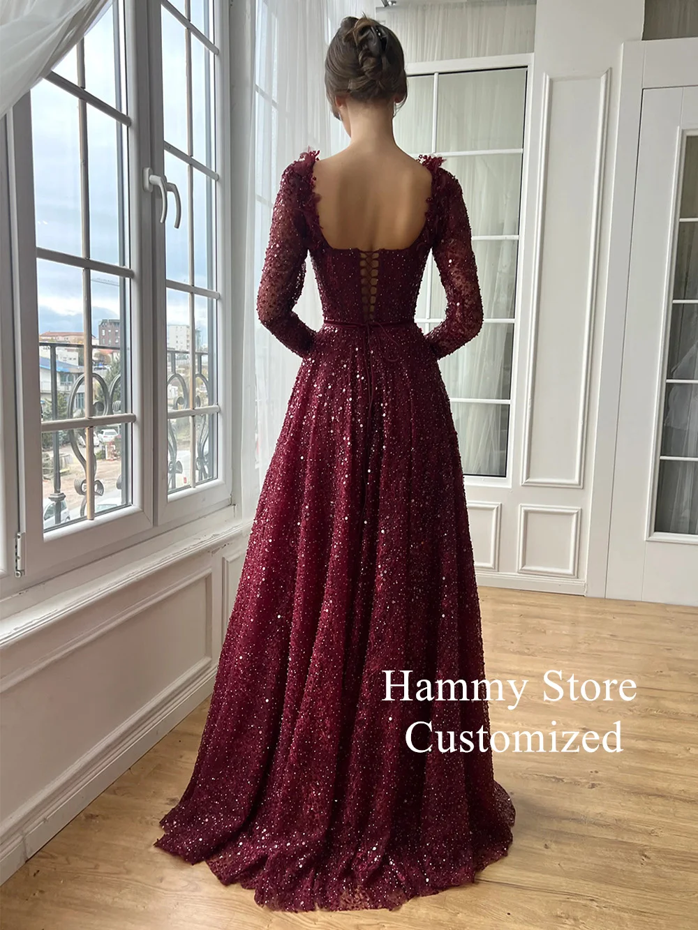 Woman Evening Dress Customized Square Neck Long Sleeves Beading Sequined Velour Belt A Line Sweep Train Prom Party Gown image 2