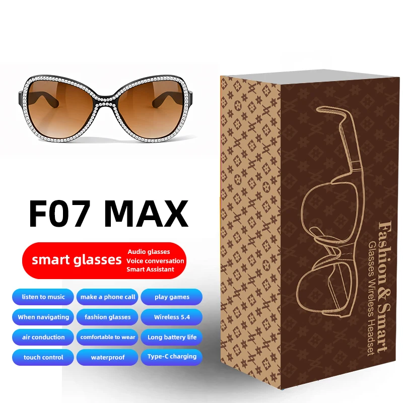 

Солнцезащитные очки F07MAX коричневого цвета с большой оправой, женские, с кристаллами, беспроводные, Bluetooth, модные, музыкальные, для путешествий, активного отдыха, с защитой от ультрафиолета.