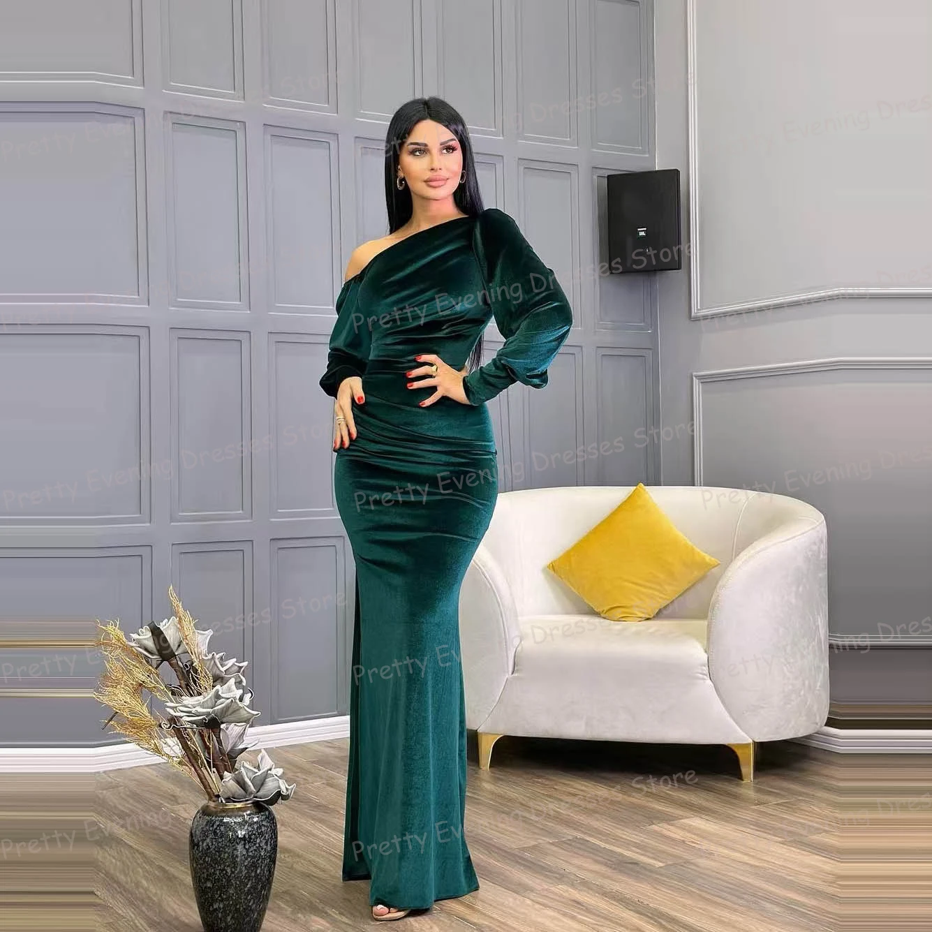 

Simple Green Evening Dresses Mermaid Woman's One Shoulder Long Sleeve Pleat Prom Gowns Fashion Party Vestidos Fiesta فساتين سهرة