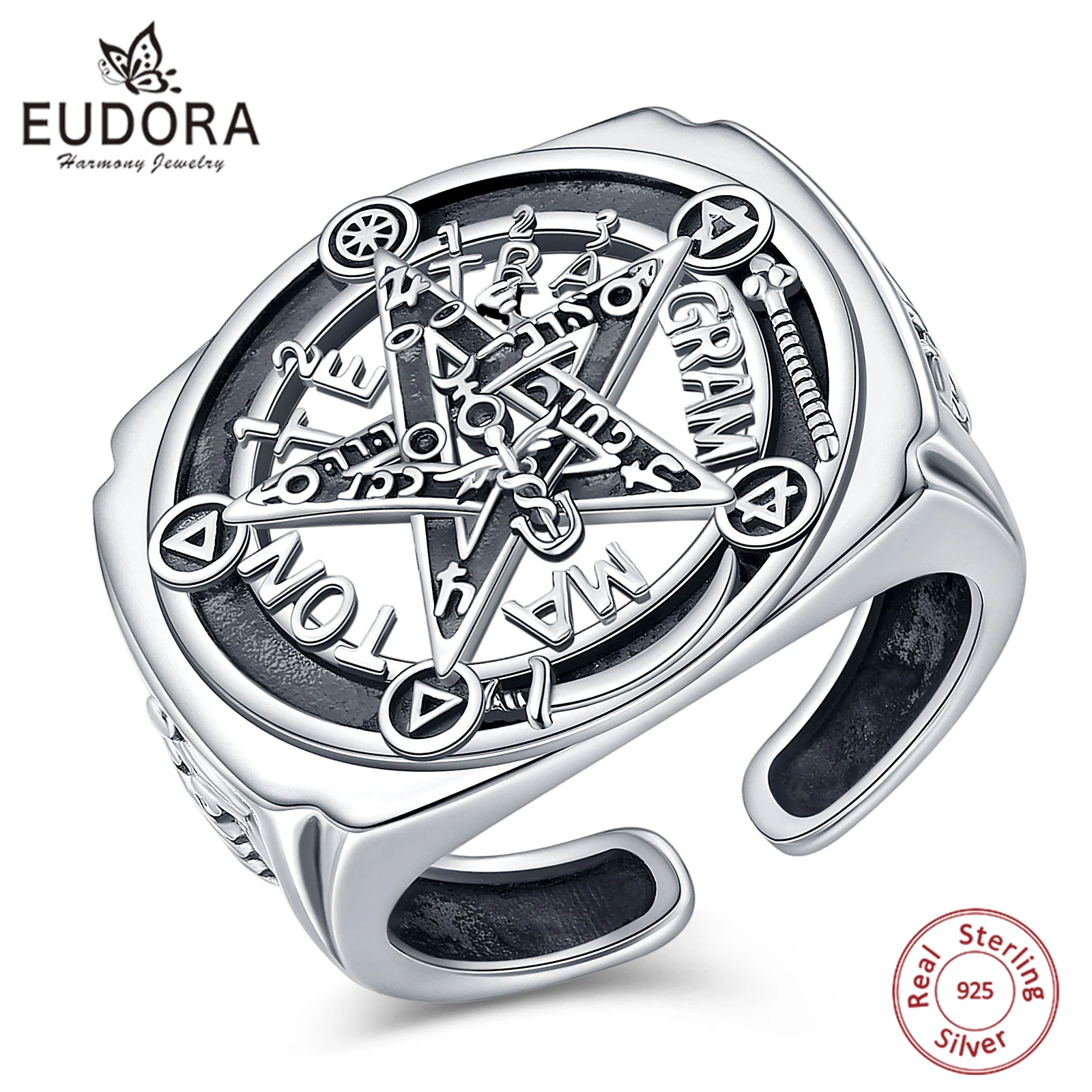 Eudora 925 Sterling Silver Pentagram Adjustable Ring Amulet Guardian Star Tetragrammaton Ring Hip Hop Jewelry Gift for Men Women