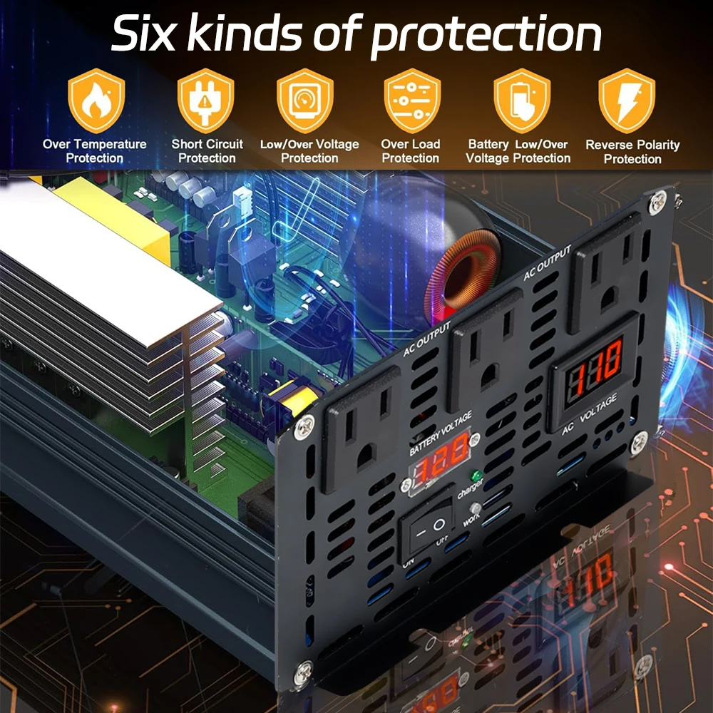 LVYUAN 1500W Inverter with UPS Function and 15A AC Charger for Power Inverter 12V to 110V Peak 3000W Backup Power Supply - view 5