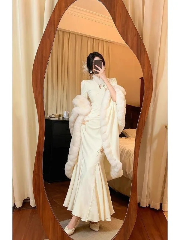 

Зимнее длинное платье-ципао Ele для женщин, с флисовой подкладкой, приталенное, с эффектом «рыбий хвост», в традиционном китайском стиле, модное вечернее платье