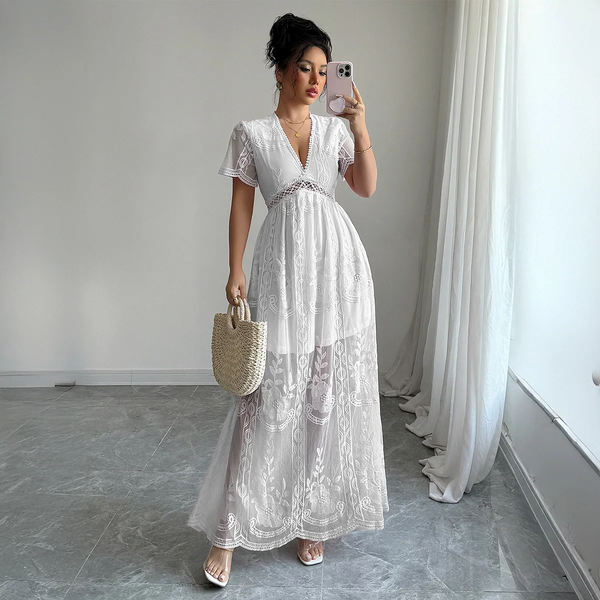 

White Dresses Women Short Sleeve Hollow Out High Waist Party Dress V Neck Solid Elegant Lace Night Vestidos Elegant A Line Y2k