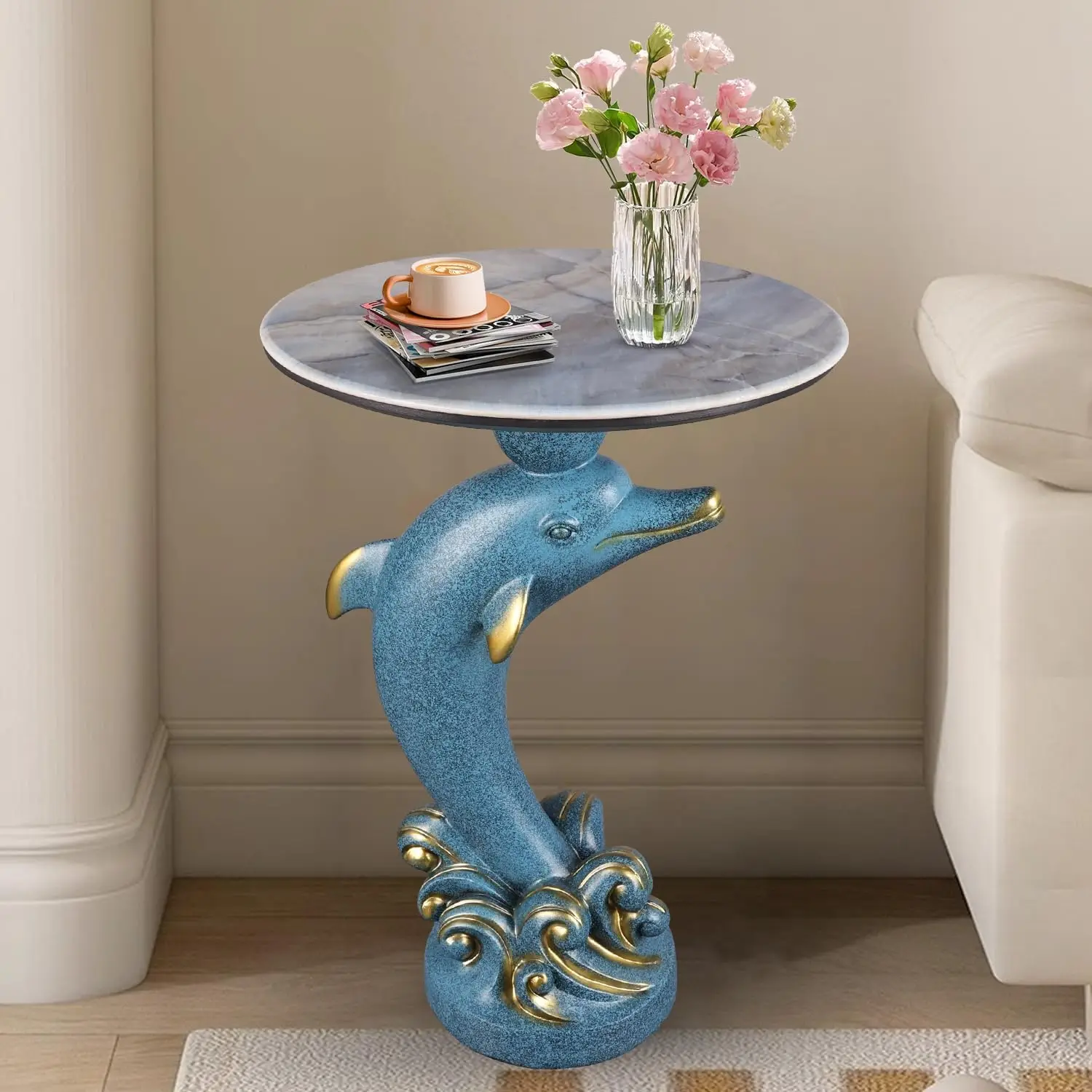 Modern End Table Living Room - Dolphin Statue Base Small Round Cocktail Terrace Coffee Side Table Unique Decoration For Office