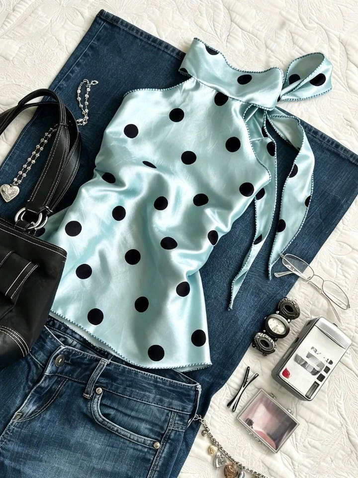 Y2k Vintage Mint Green Polka Dot Print Camisole Women Casual 