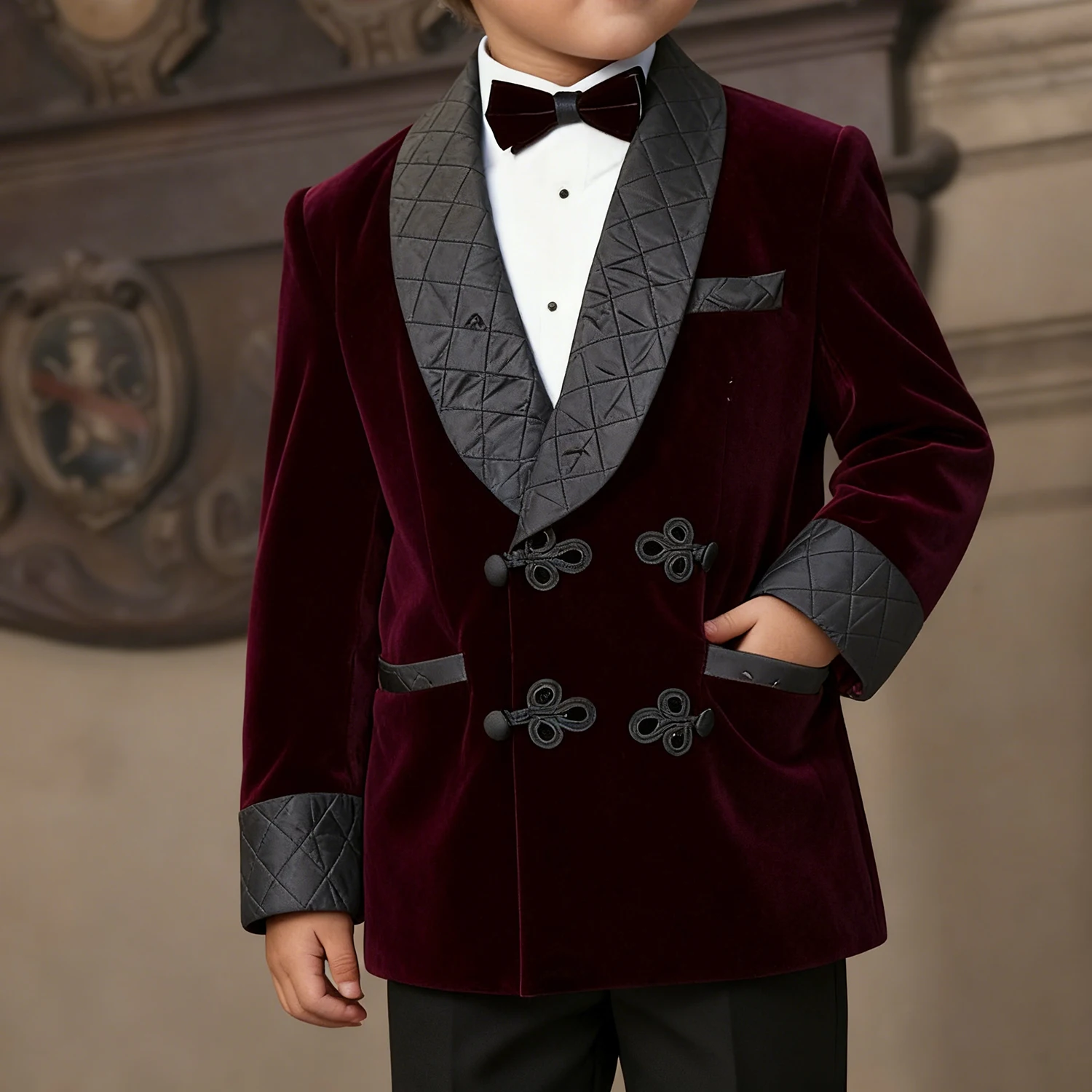 

Fashion Burgundy Velvet Kids Suits Elegant Double Breasted Black Shawl Lapel Blazer Boys Formal 2 Piece Jacket And Pants Costume