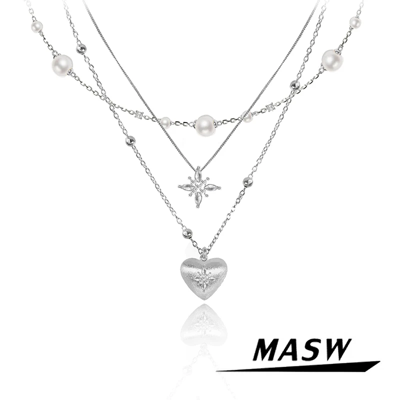 MASW Original Design Elegant Temperament Multi-layer Heart-Shaped Necklace For Women Girl Modern Jewelry Fine Accessories