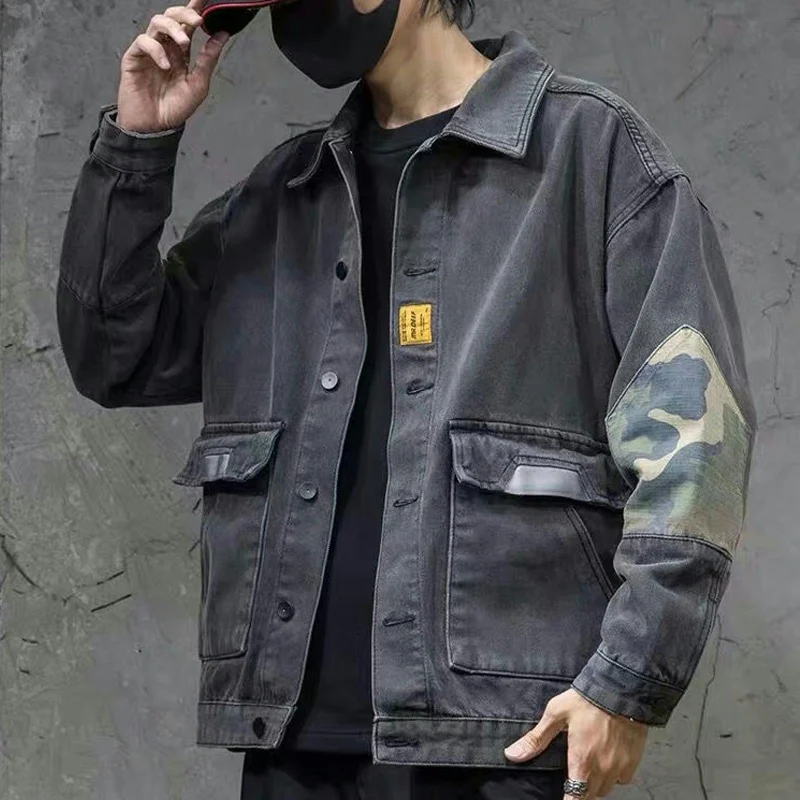 

Мужская повседневная свободная джинсовая куртка с камуфляжными вставками, модная и универсальная молодежная куртка с длинными рукавами
