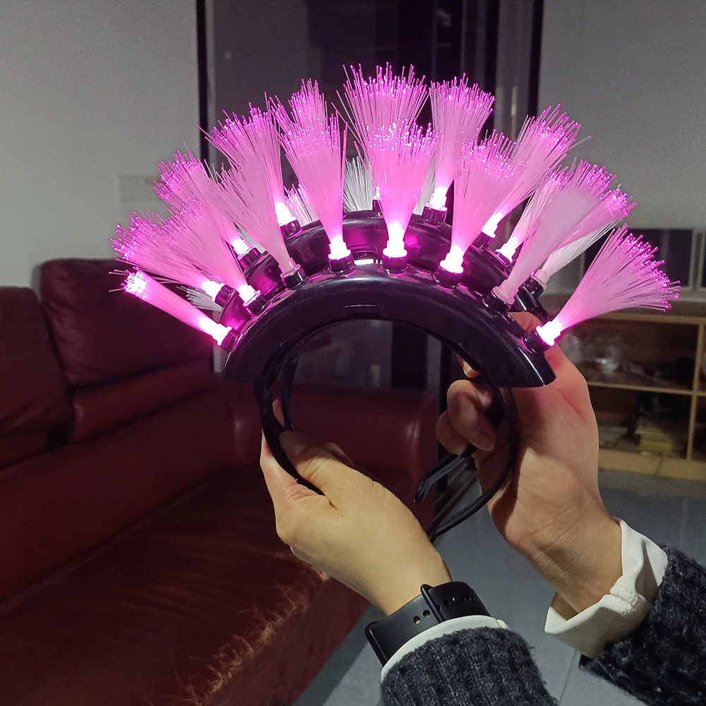 Halloween Flashing LED Fiber Optic Mohawk Headband Neon Glow Spiky Hair Band Punk Style Headwear Halloween Party Cosplay