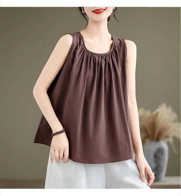 

Sleeveless Cotton-Linen Shirt Summer Versatile Casual Loose-Fit Pleated Design Tank Top Pure Cotton