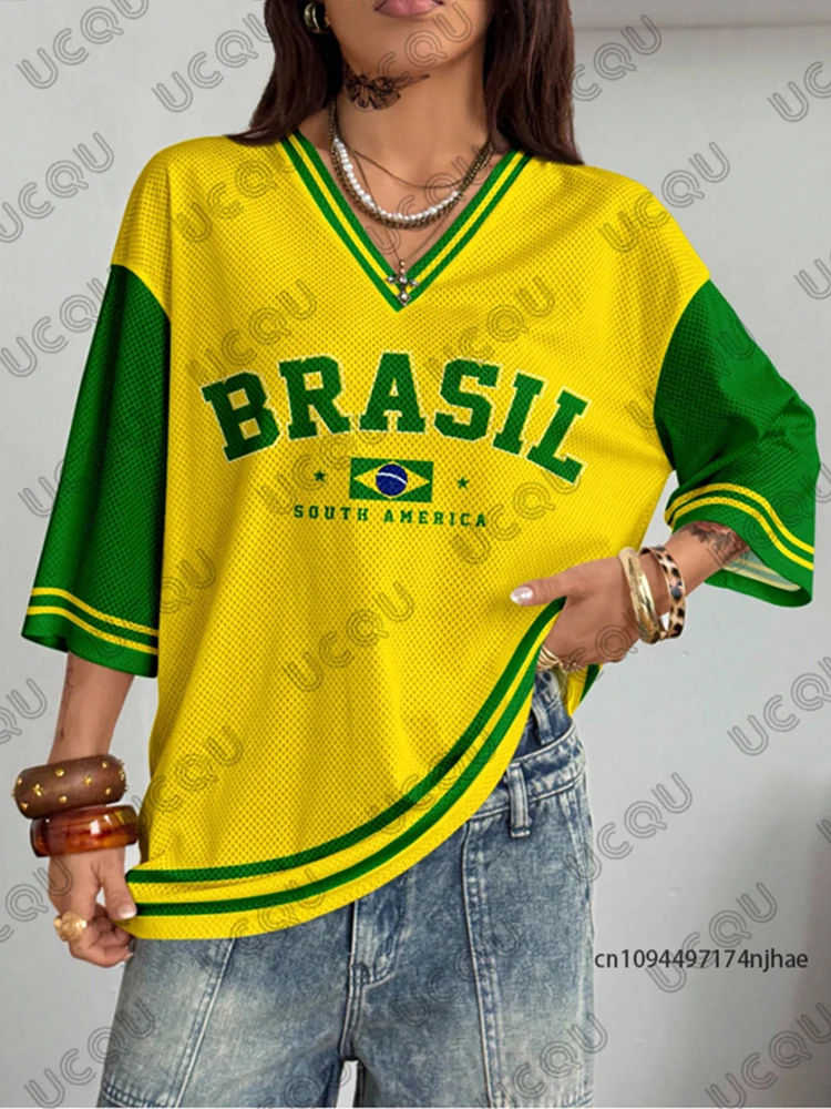 

Summer New Vintage Brazil Print Women V-Neck T Shirt Patchwork Short Sleeve Maternity Tees Football Jersey Y2K Oversized Tops