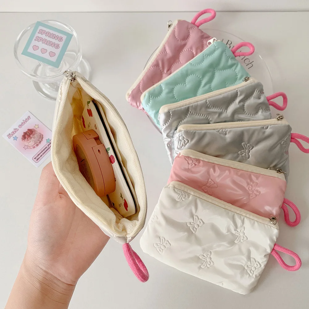 Ins Bow Silver Glossy Mini Makeup Bag Women Cosmetic Bag Coin Purse Coin Pouch Cute Wallet Portable Earphones Data Cable Bag