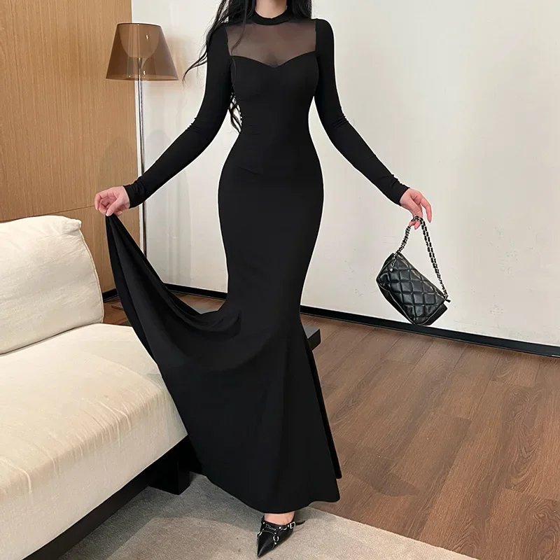 Vintage Paneled Back Sheer Black Bodycon Mermaid Dress Sexy Elegance Backless Slim-fit Ruched Long Party Gown Autumn Trend