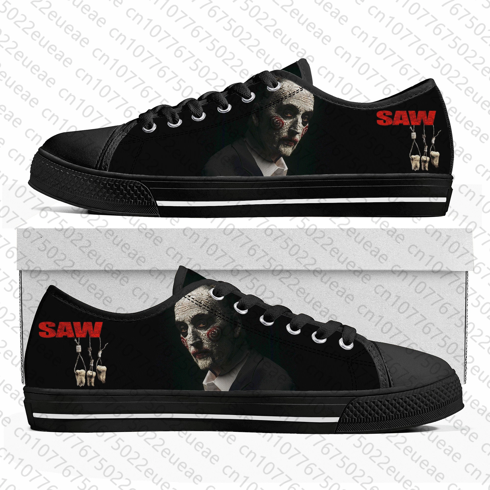 Saw Movie Horror Jigsaw Puppet Halloween Low Top Sneakers Mens Womens Teenager Canvas Sneaker Casual Custom Shoes Customize Shoe